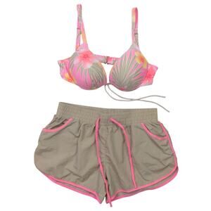 Y2k Cocorave Neon Pink Tropical Bikini Top & Swim Shorts Medium Floral Hibiscus